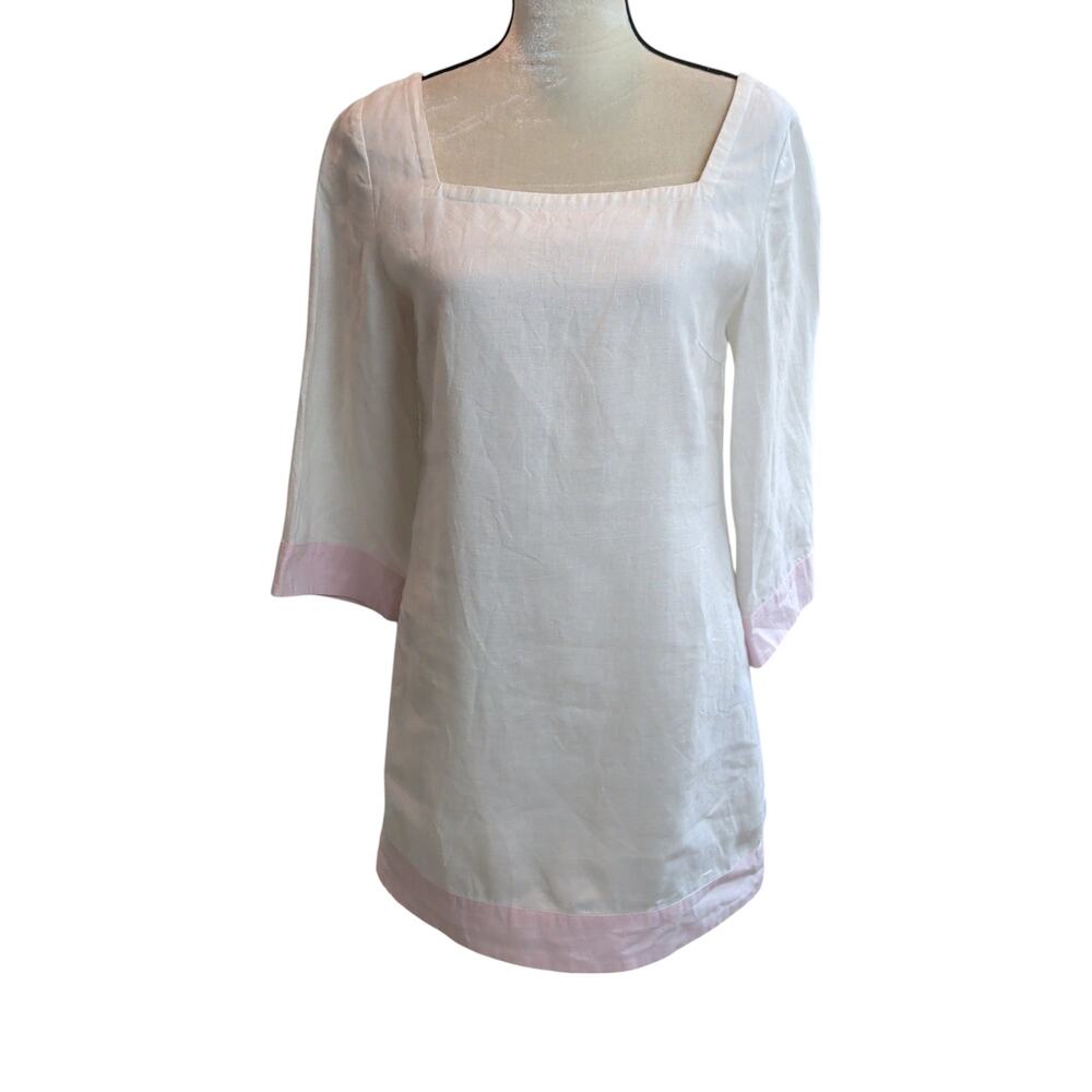 Island Company Womens Sz S White Pink 100% Linen Shift Dress Summer Beach Resort